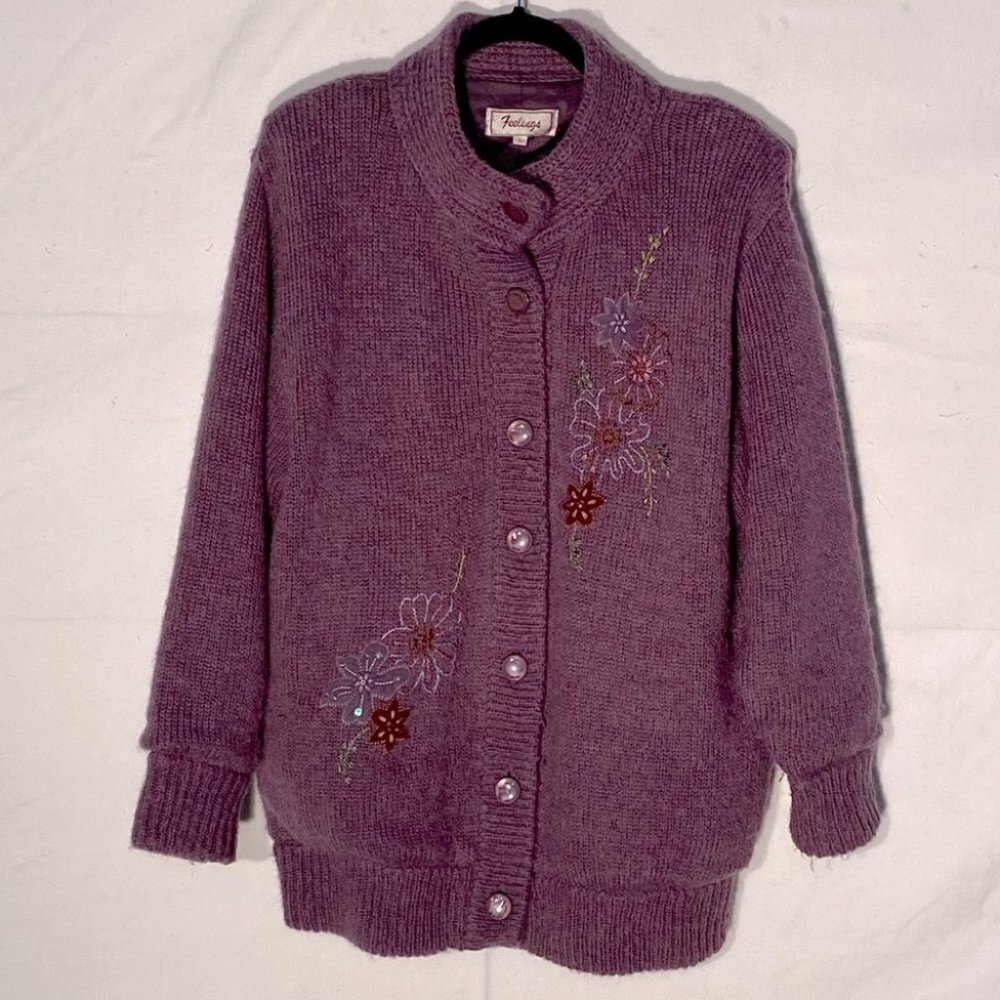 Vintage Feelings Embroidered Purple Mohair Wool Blend Knit Cardigan Jacket L